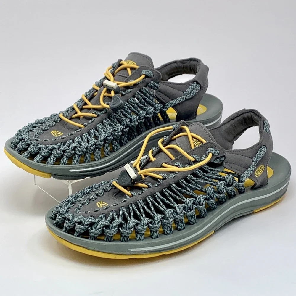 KEEN Uneek Sandals Men's 9 Grey Yellow Paracord Bungee Hiking Outdoors Slingback